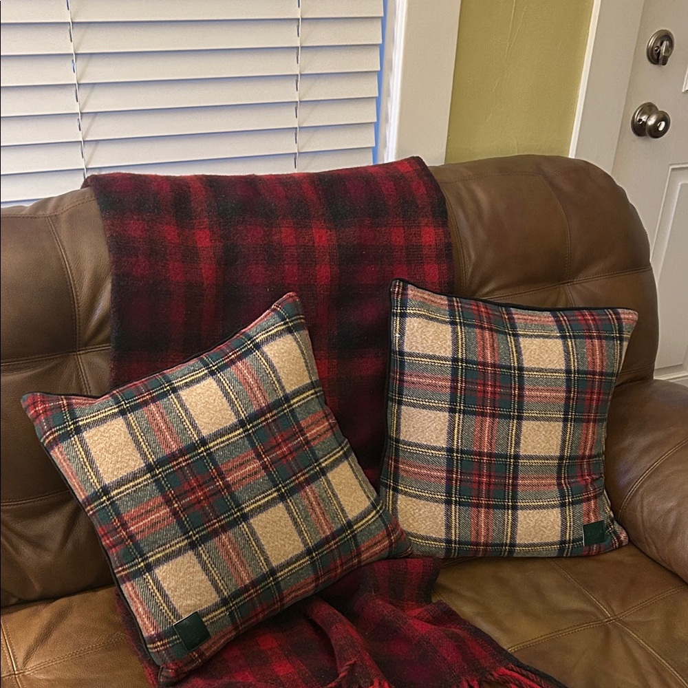 Two Classic Charles Gallen European Harvest Tartan Plaid Throw Pillows